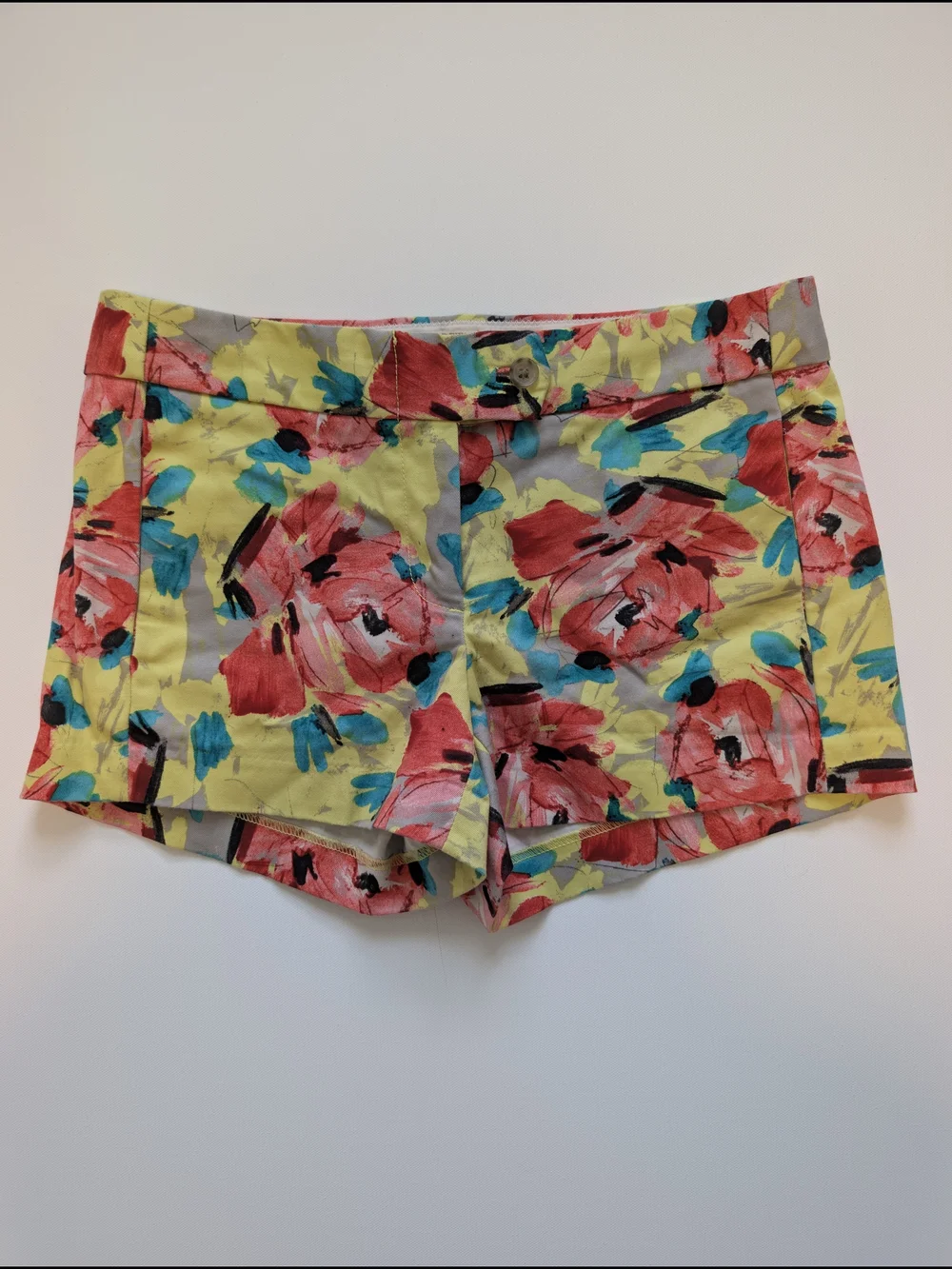 J. Crew Yellow Floral High Waist Shorts with Red and Teal Accents